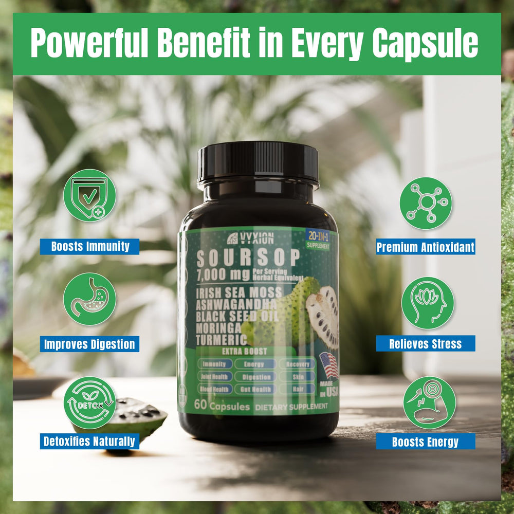 Vyxion Soursop 20-in-1 digestive blend suggests gut-friendly support