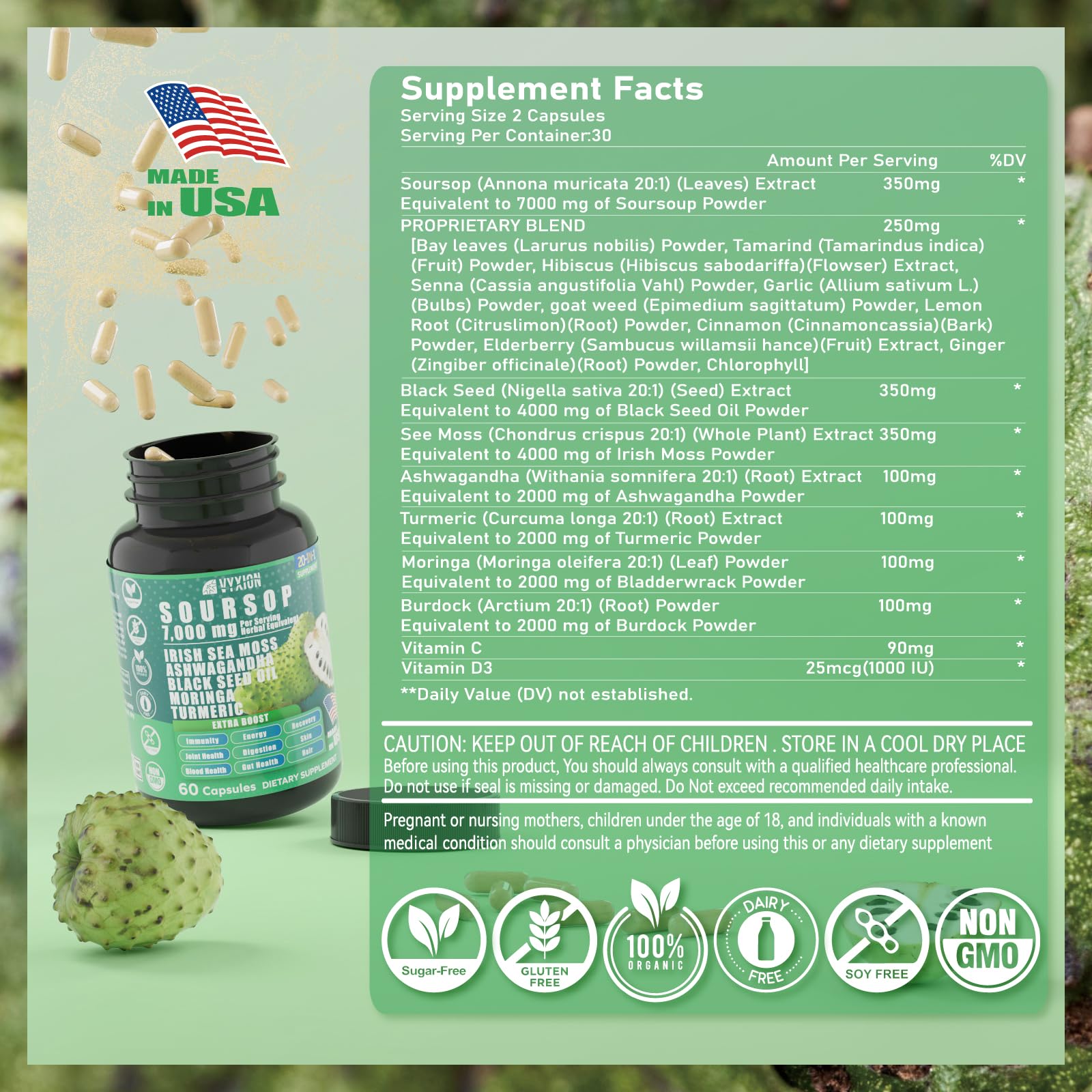 Vyxion Soursop 20-in-1 ingredients panel emphasizes 20 botanical extracts