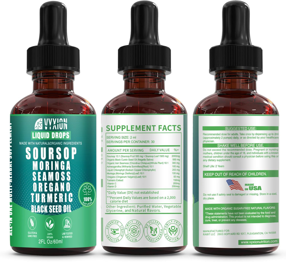 Vyxion Soursop Bitters dropper pouring into glass demonstrates convenient serving for energy