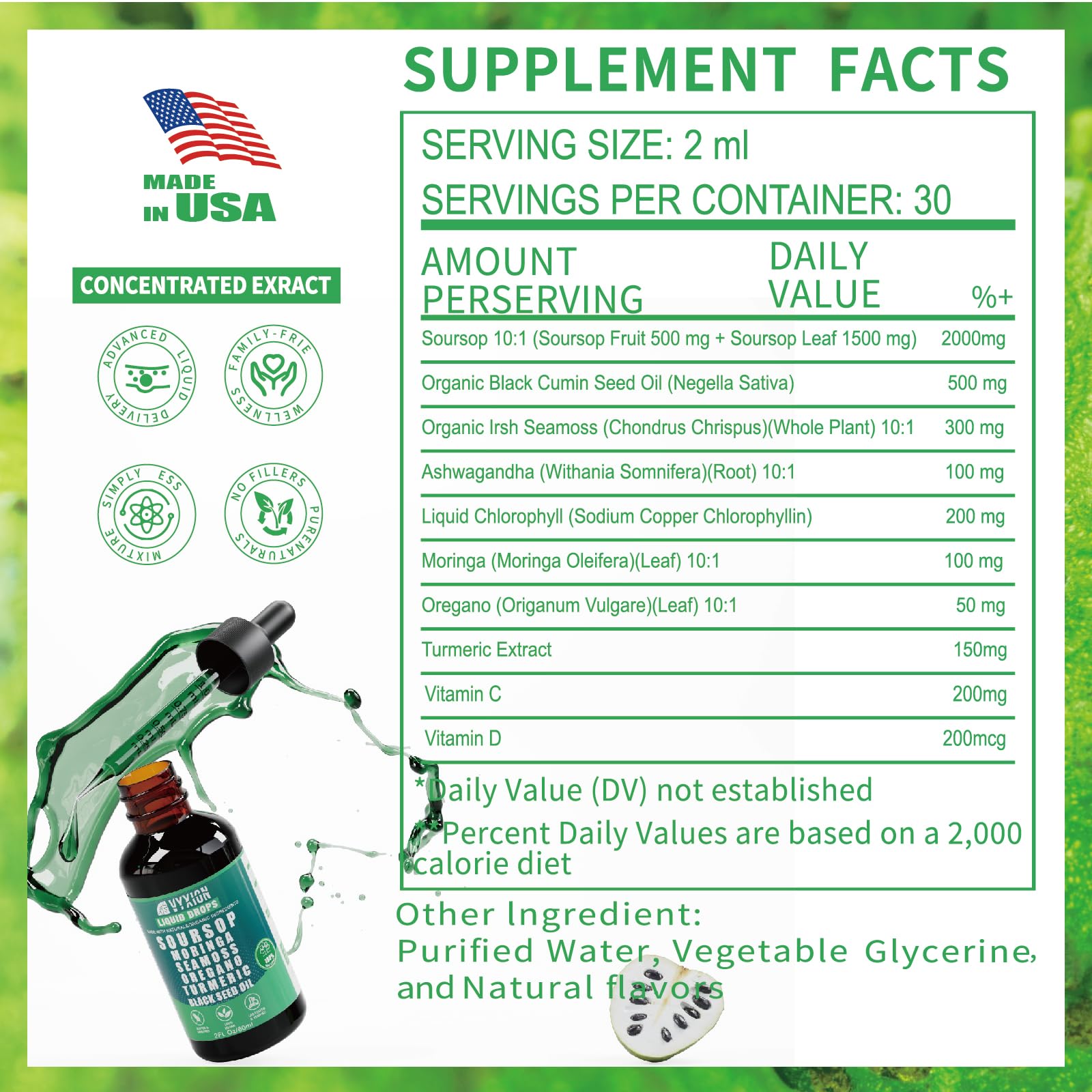 Vyxion Soursop Bitters with moringa and turmeric visual highlights antioxidant-rich blend