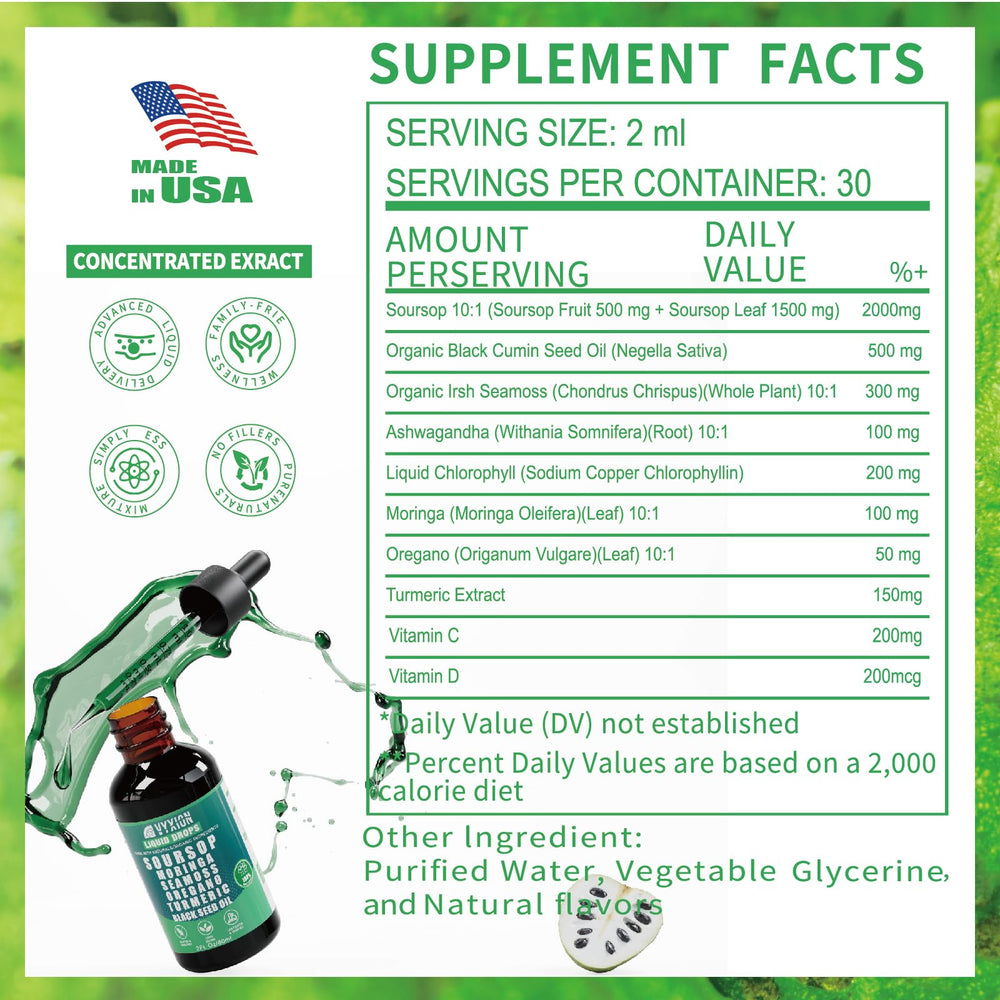 Vyxion Soursop Bitters with moringa and turmeric visual highlights antioxidant-rich blend
