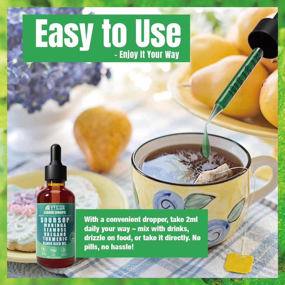 Vyxion Soursop Bitters glass with drops suggests easy daily use