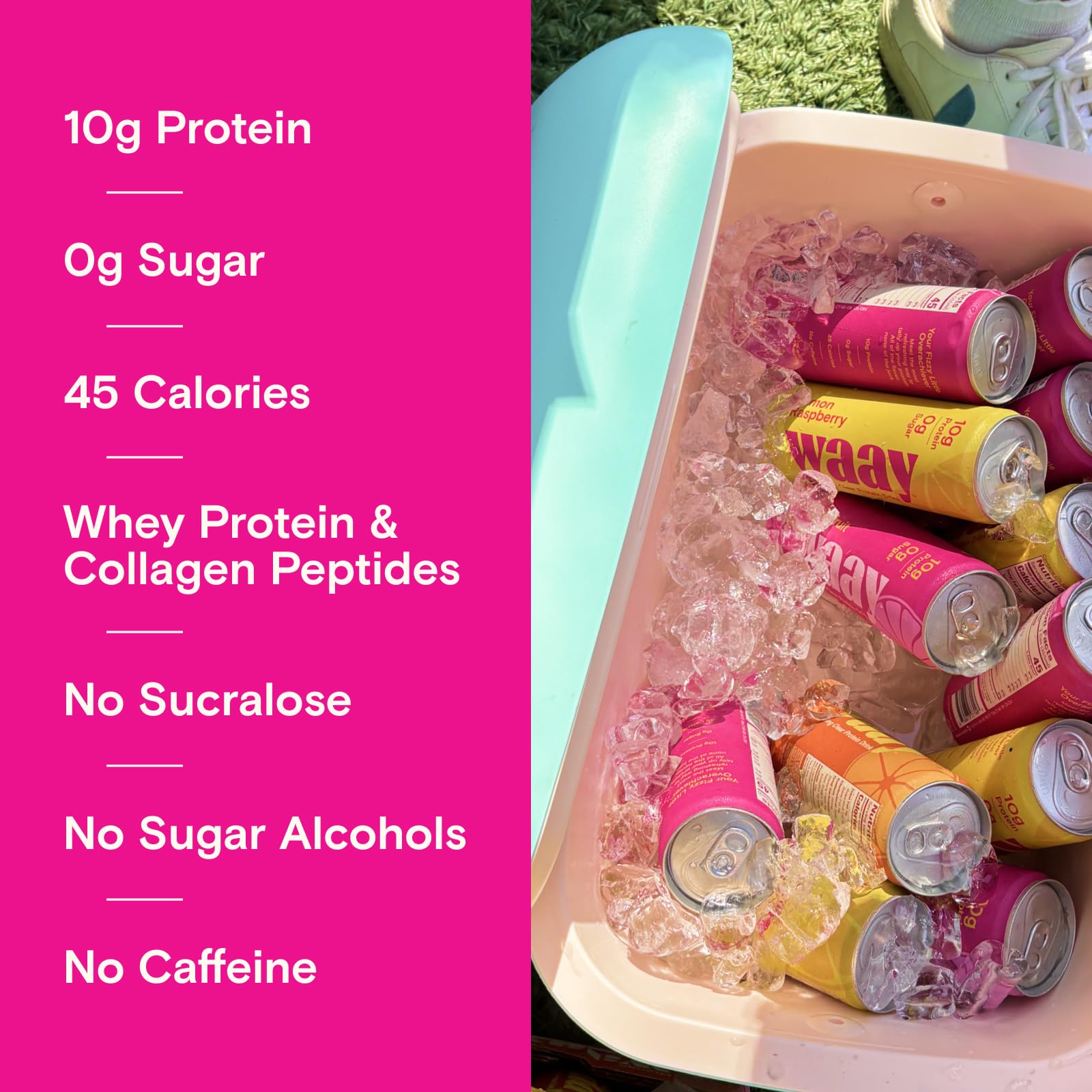 Waay Sparkling Clear Protein Drink can with bubbles and bright fizz.