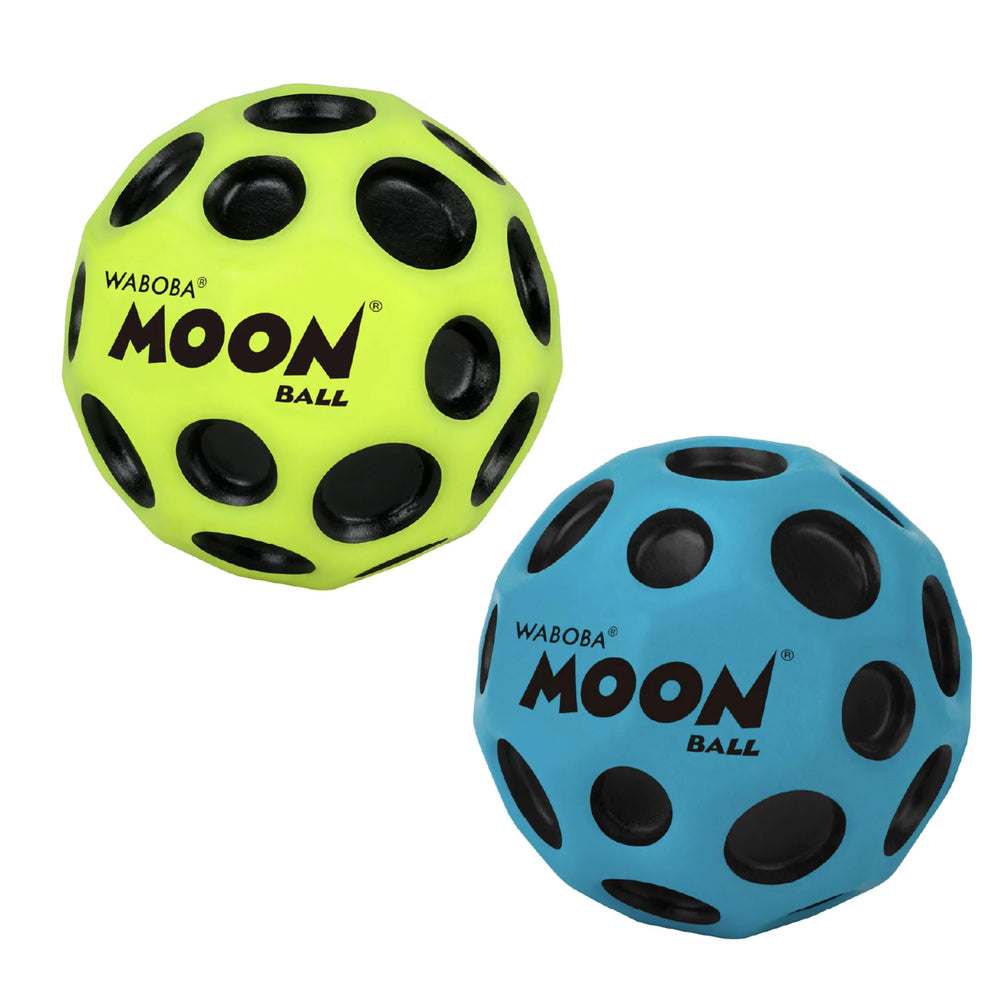 Waboba Moon Ball 2 Pack, yellow and cobalt, side view with crater texture.