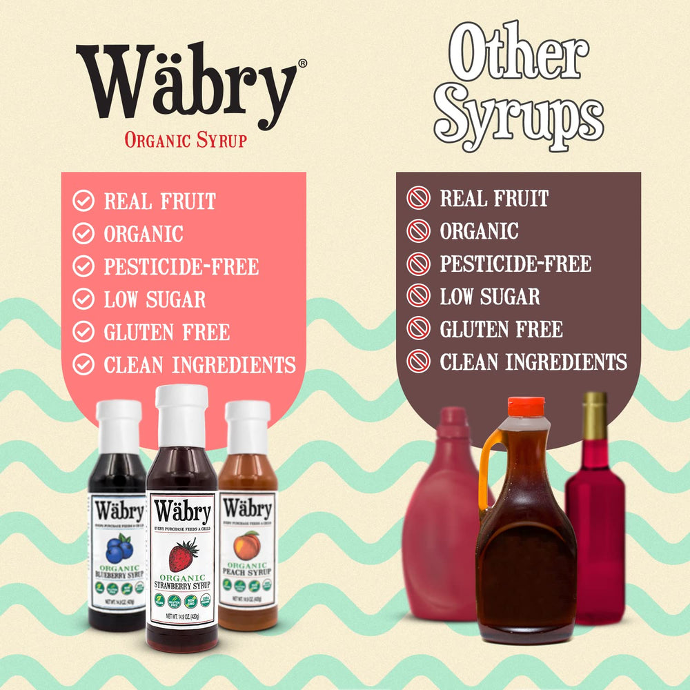Wabry Strawberry Syrup label highlights vegan, gluten-free, and non-GMO benefits