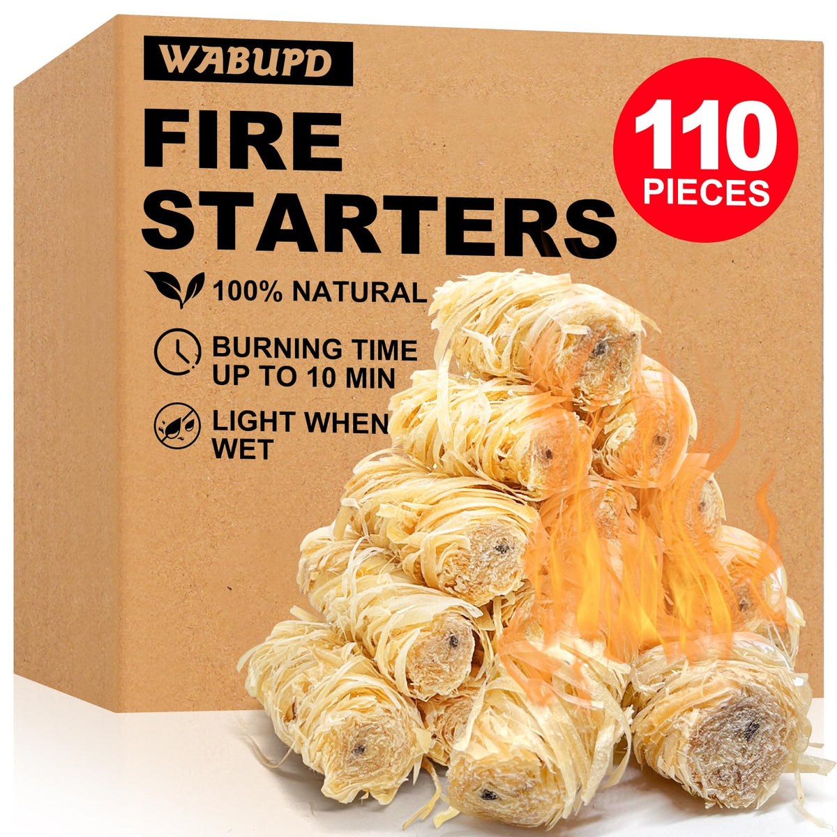 WABUPD fire starter packaging shows natural materials for clean ignition.
