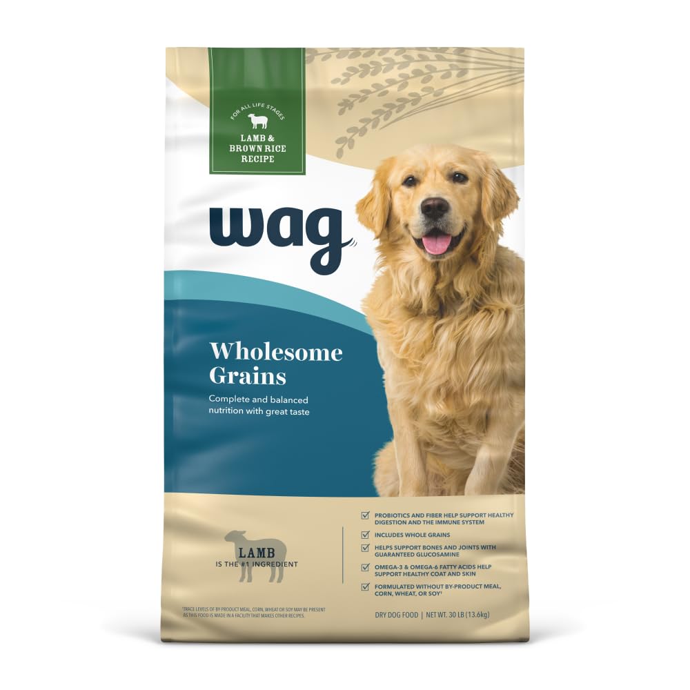 WAG Lamb and Brown Rice dry dog food - lamb-first ingredient for energy and lean muscle.