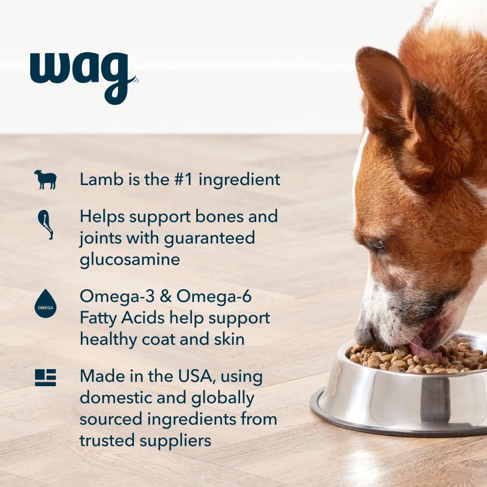 WAG dry dog food highlighting probiotics and fiber for digestion and immune support.