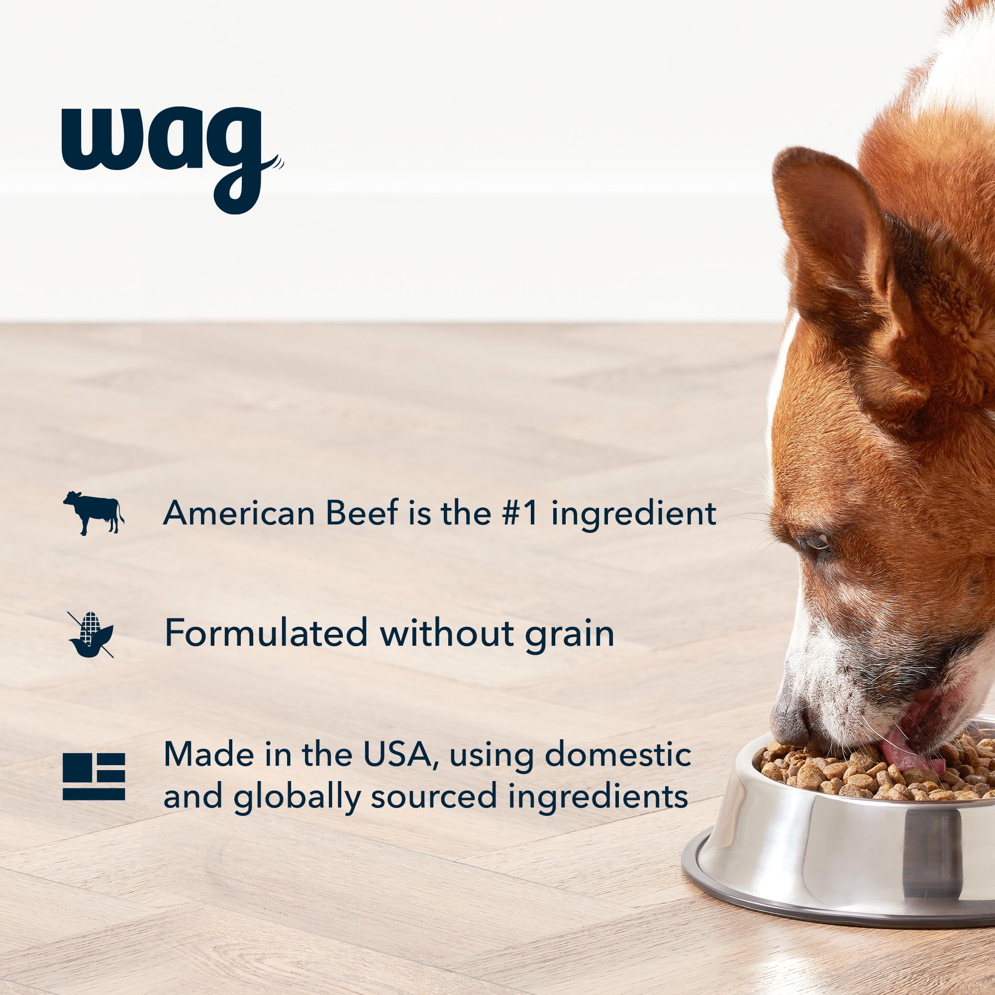 Close-up of Wag beef kibble highlights real beef as first ingredient for protein.