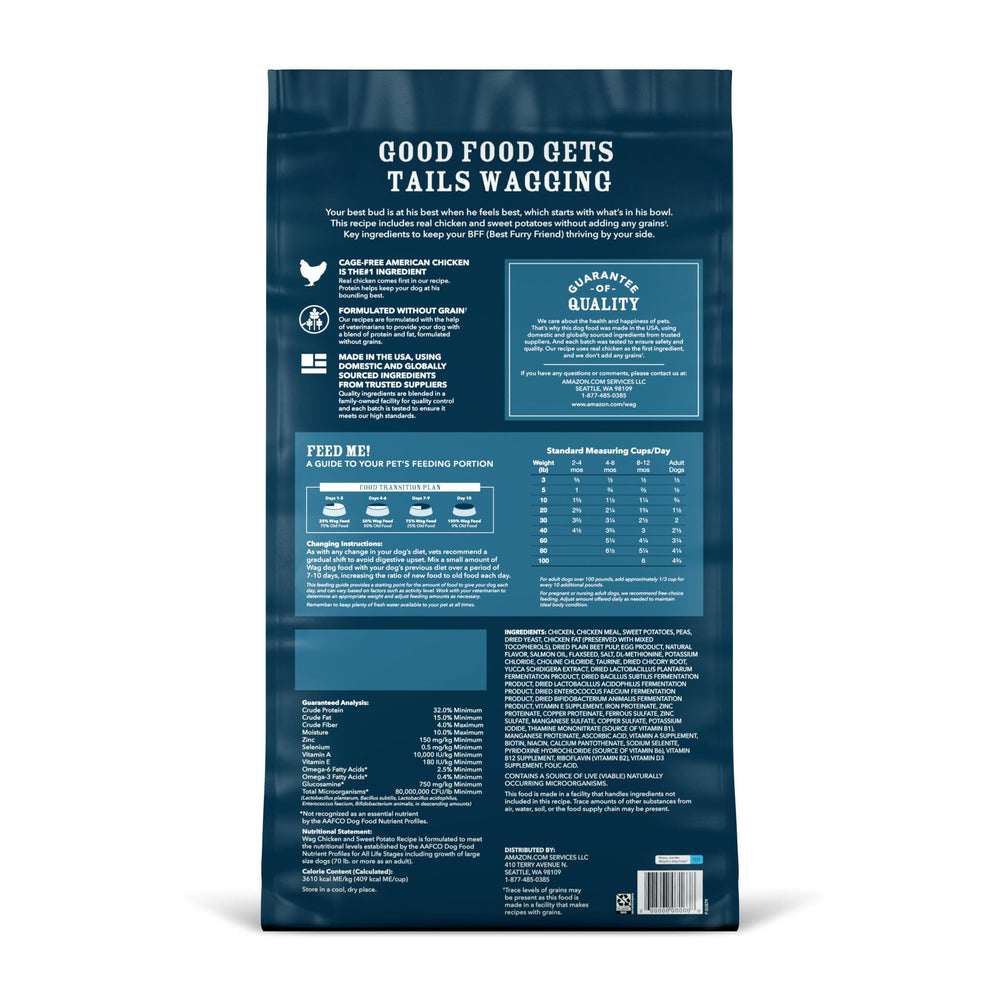WAG Dry Dog Food kibble close-up reveals grain-free texture and meat-forward recipe.