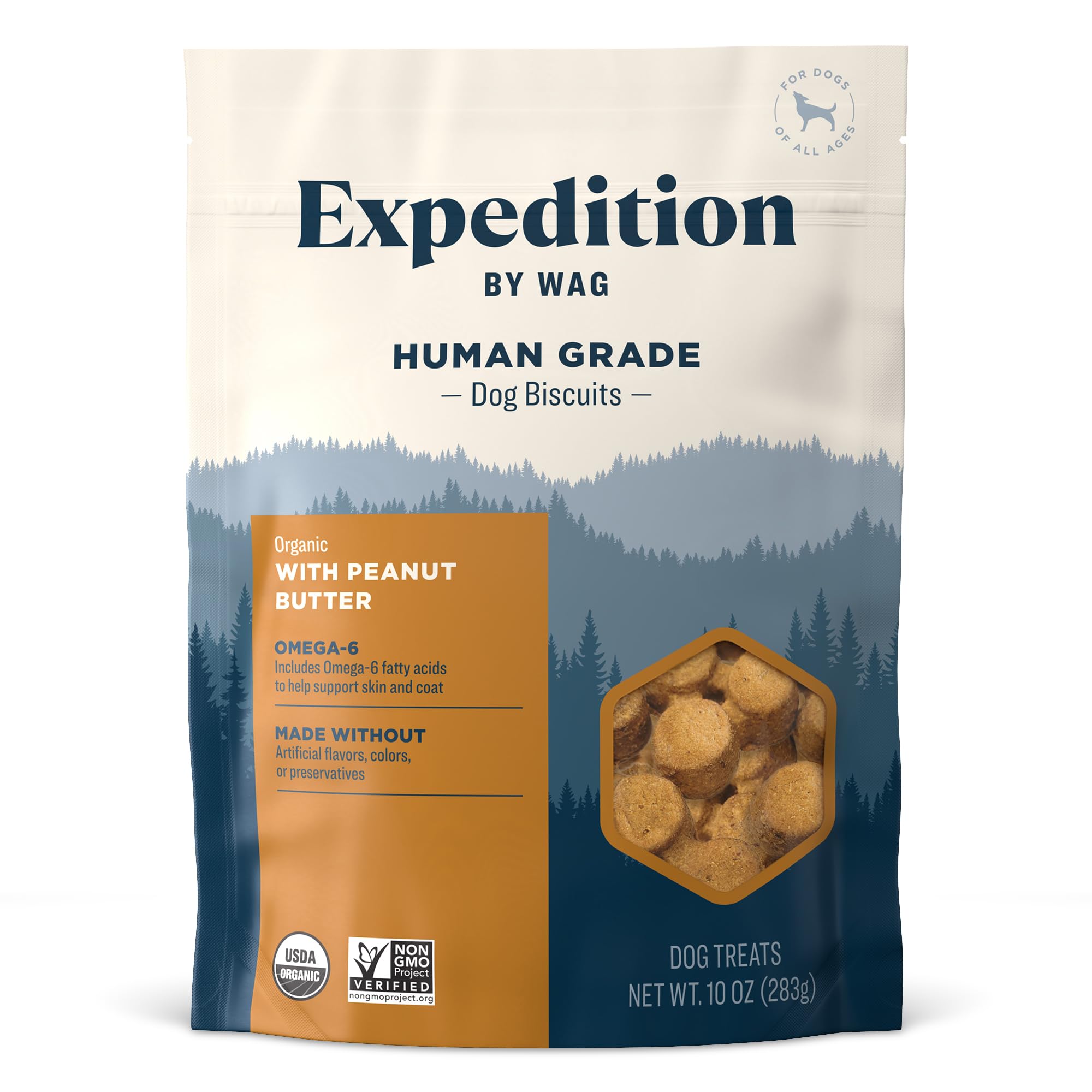 Wag Expedition 10oz peanut butter dog biscuits in a pack-shot.