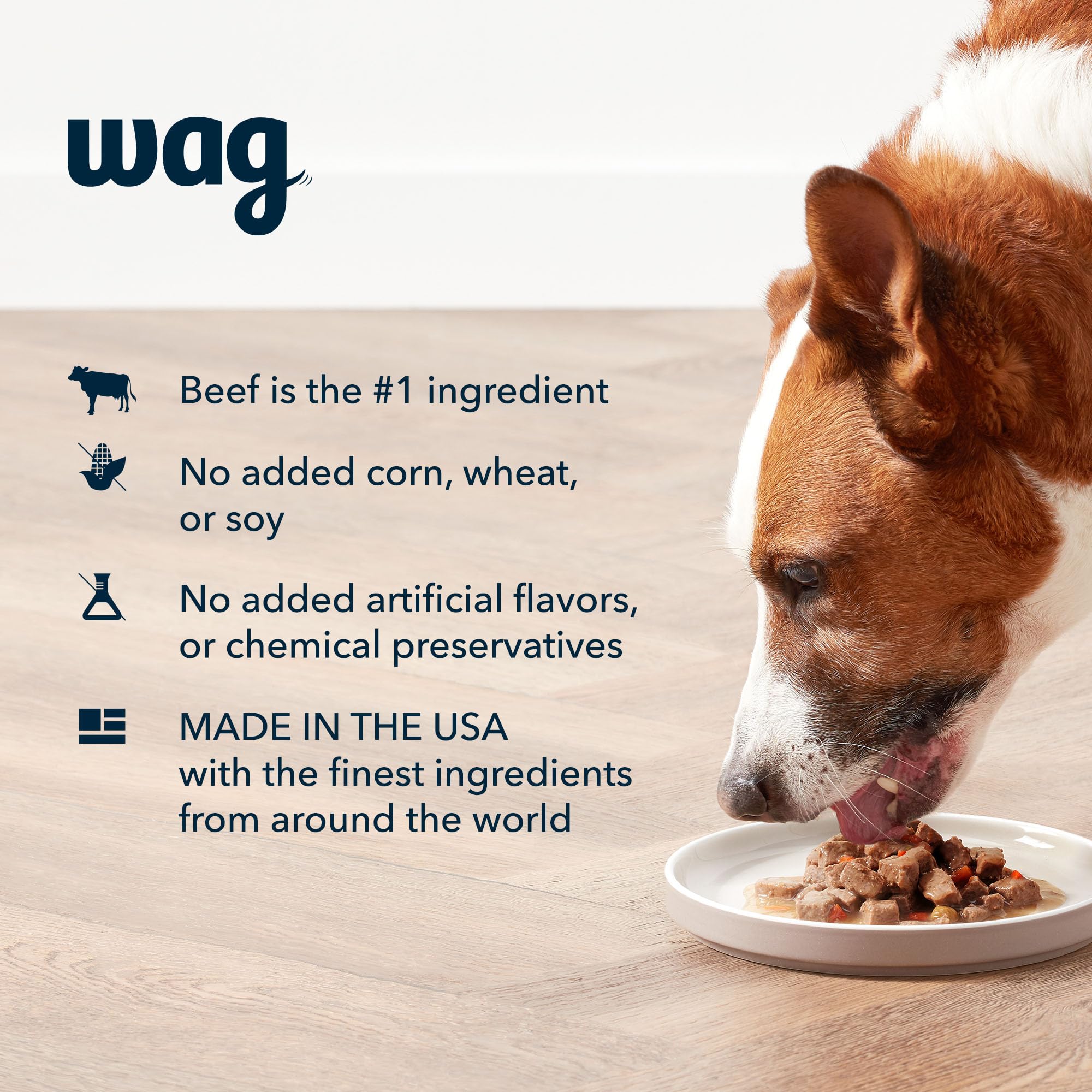 WAG Pate label highlights grain-free formula with no corn, wheat, or soy.