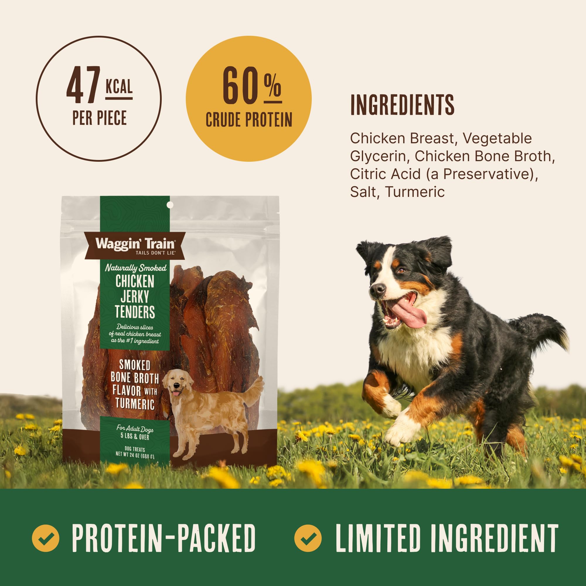 Waggin' Train 100% real chicken breast close-up communicates simple, high-protein bite.