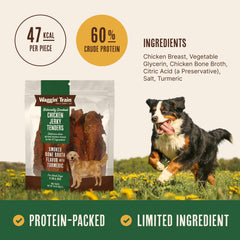 Waggin' Train 100% real chicken breast close-up communicates simple, high-protein bite.