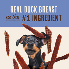 Waggin' Train duck jerky tenders high-protein bite close-up.