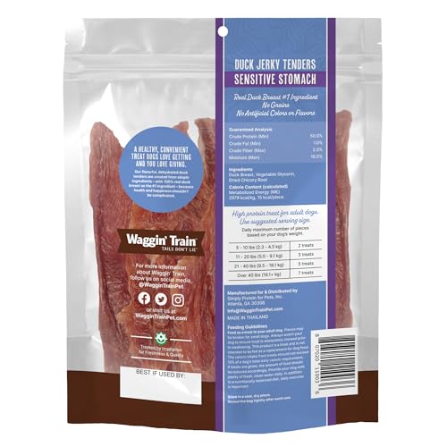Waggin' Train duck jerky tenders three simple ingredients close-up.