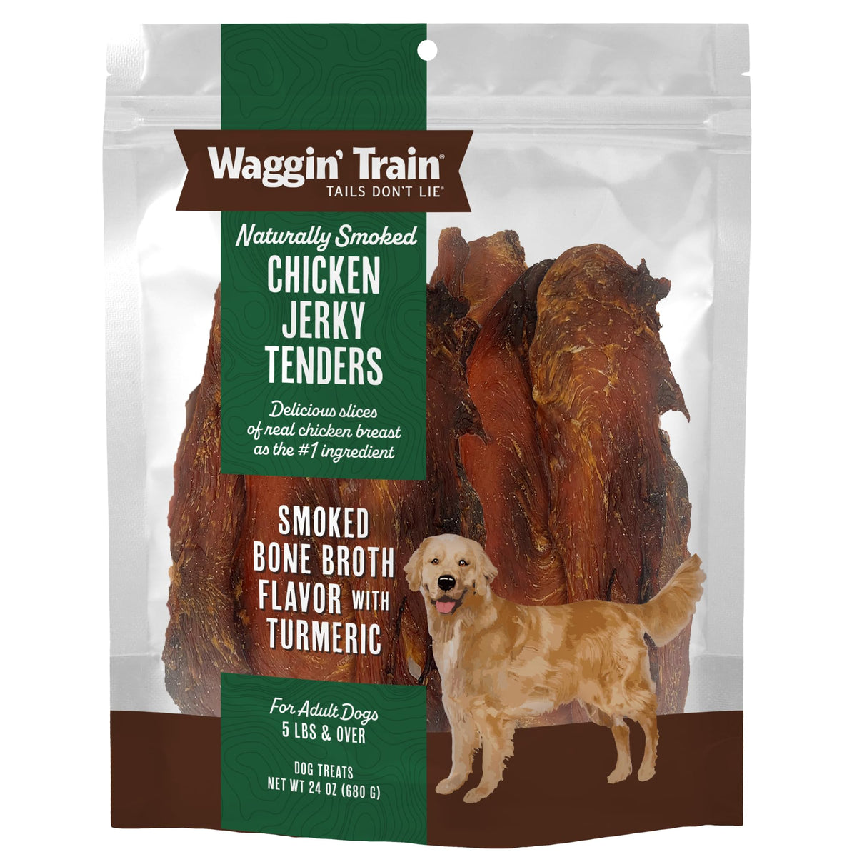 Waggin' Train smoked chicken jerky tenders bag shows appealing aroma and chew-ready texture.