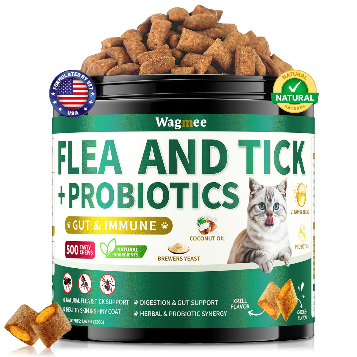 Wagmee cat flea tick chews pack shot with probiotic benefits.