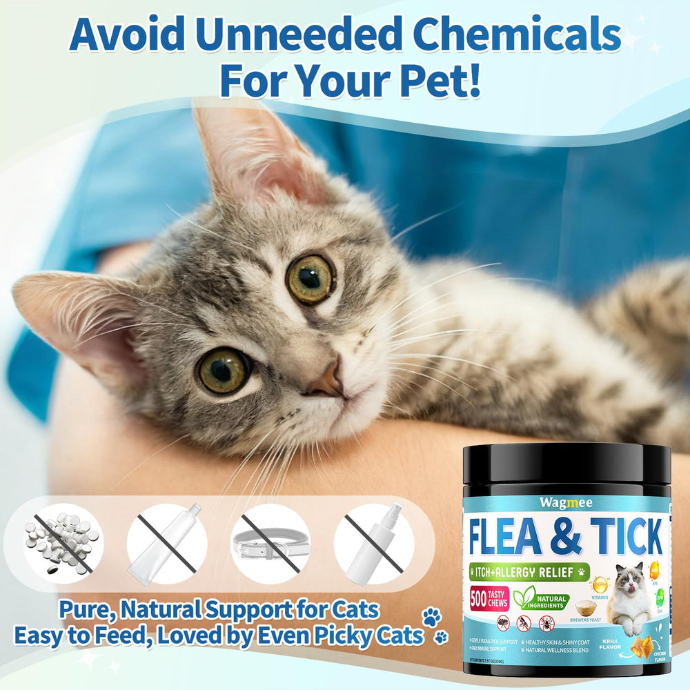 Wagmee flea-season routine scene suggests consistent daily supplementation.