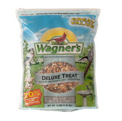 Wagner's Deluxe Treat Blend wild bird food bag attracts backyard songbirds.