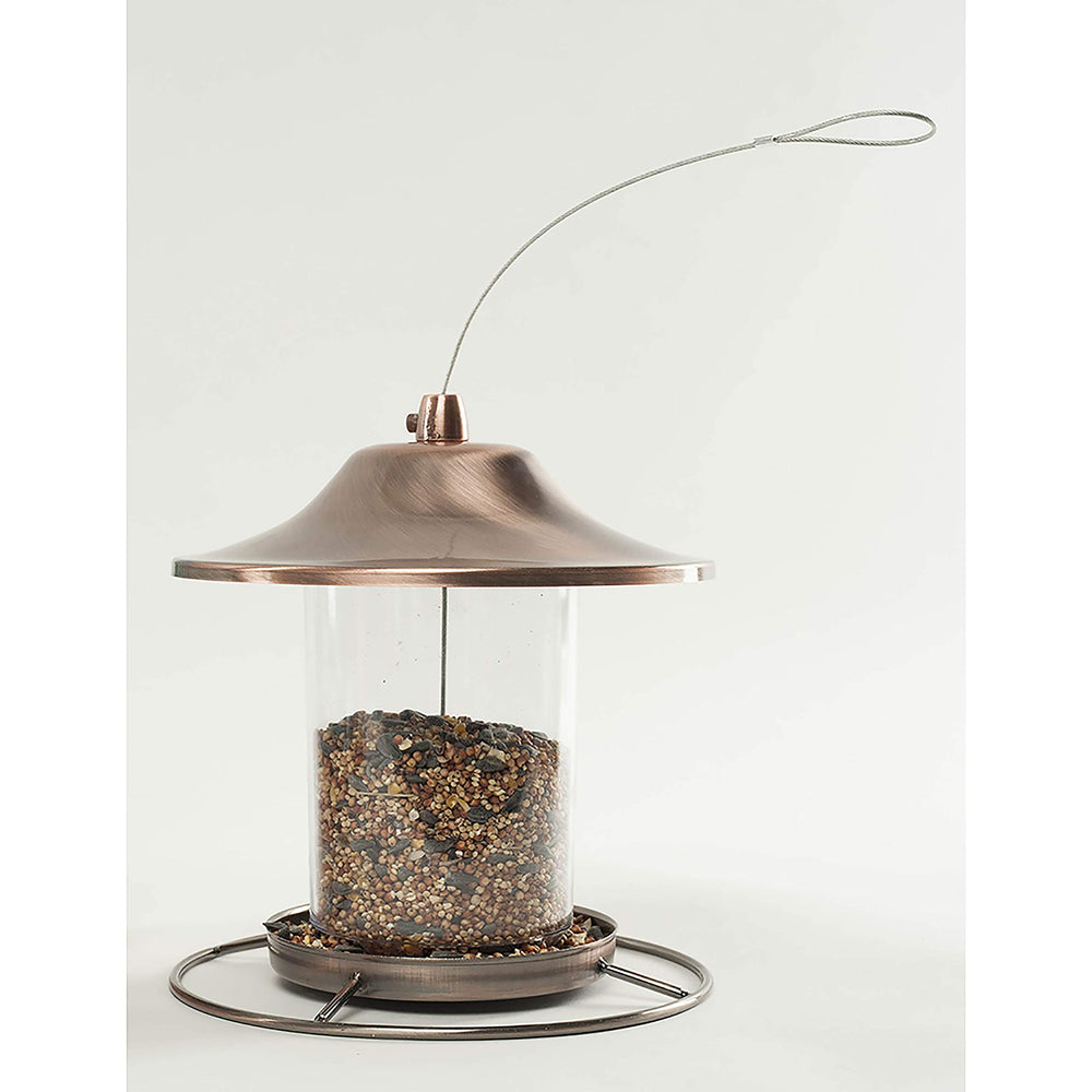 Platform feeder scene with Wagner's Wild Bird Food drawing in colorful birds.