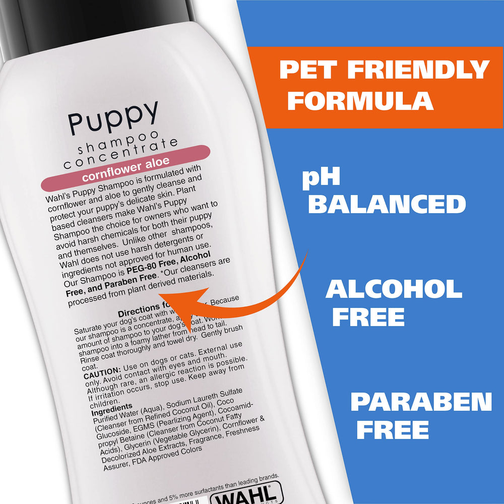 Wahl concentrated formula bottle highlights long-lasting baths with less product.