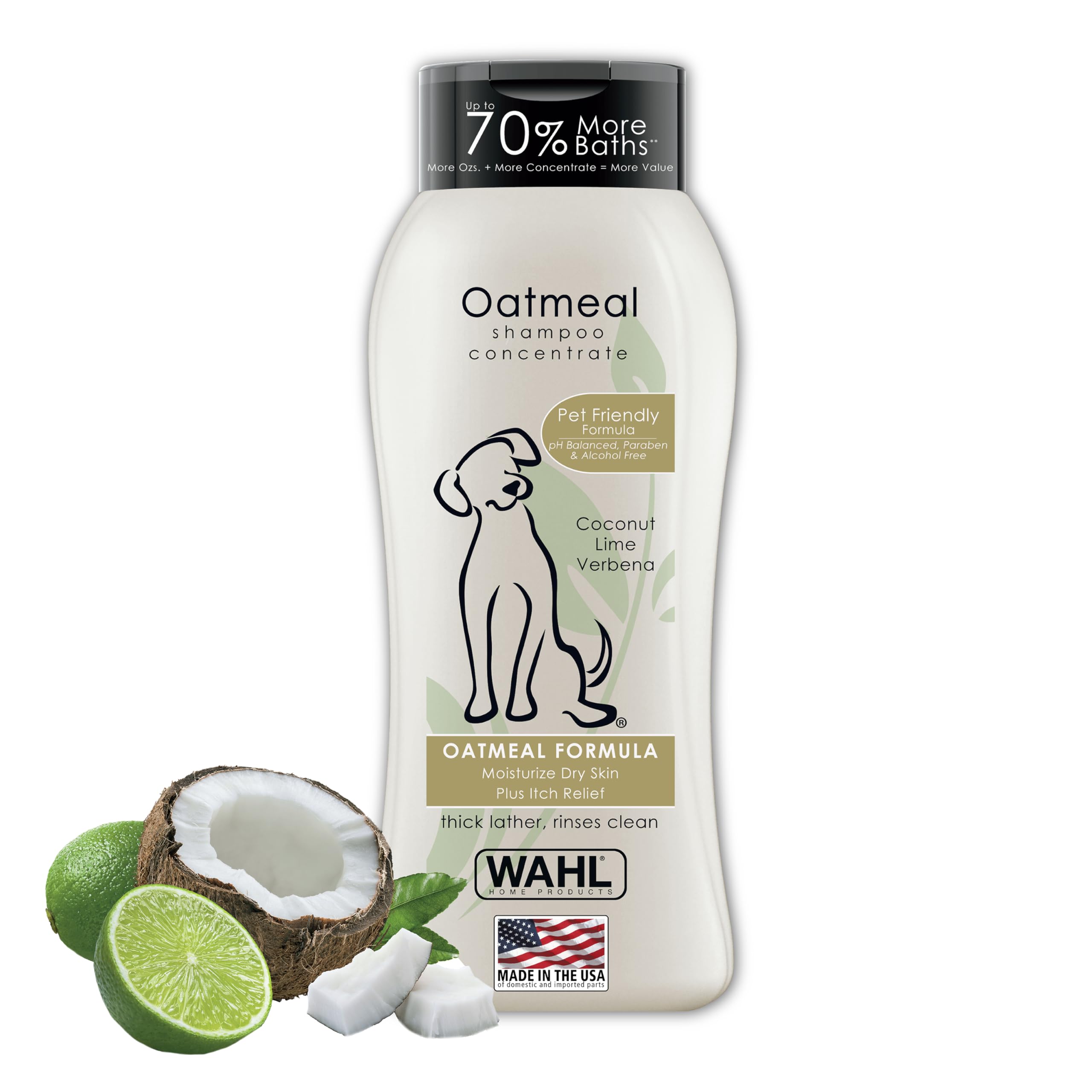 Wahl dog shampoo bottle front shows oatmeal formula for dry skin care.