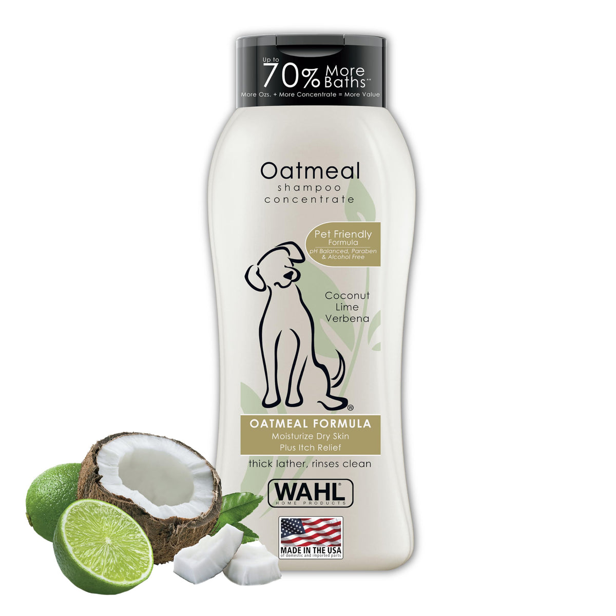 Wahl dog shampoo bottle front shows oatmeal formula for dry skin care.