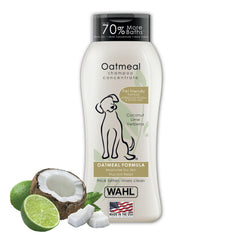 Wahl dog shampoo bottle front shows oatmeal formula for dry skin care.