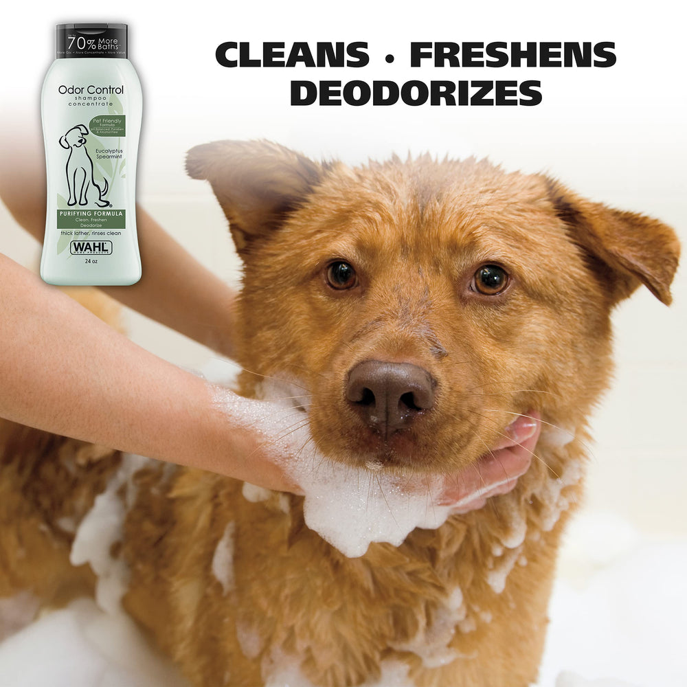 Wahl Odor Control Shampoo bottle pour shows quick lather for great coat cleansing.
