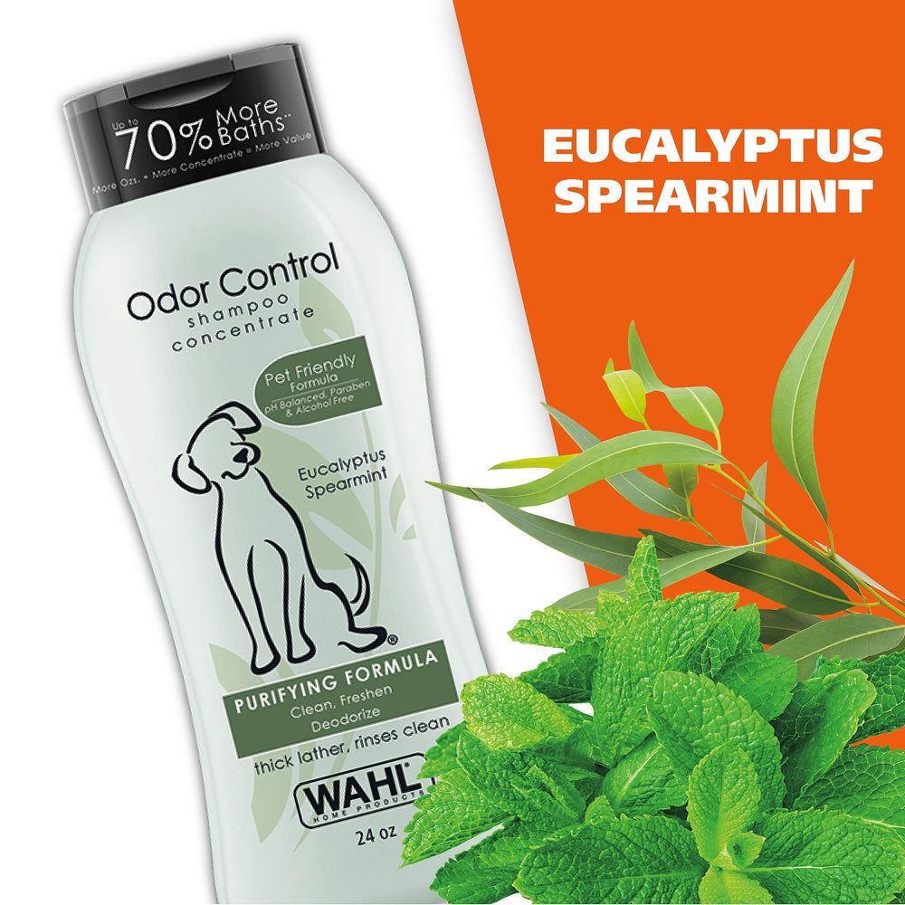 Wahl Odor Control Shampoo plant-derived ingredients focus points to gentle cleansing.
