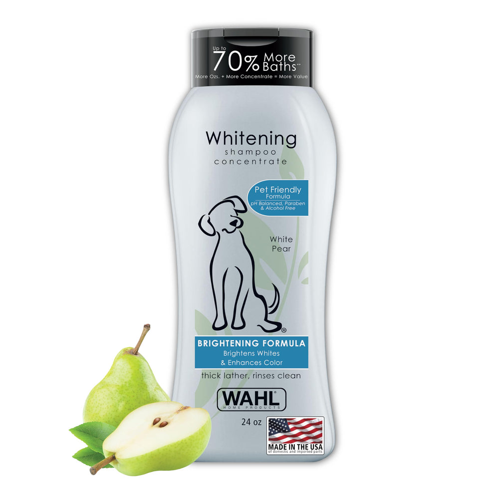 Wahl White Pear Shampoo bottle highlighting a pet-friendly brightening formula.
