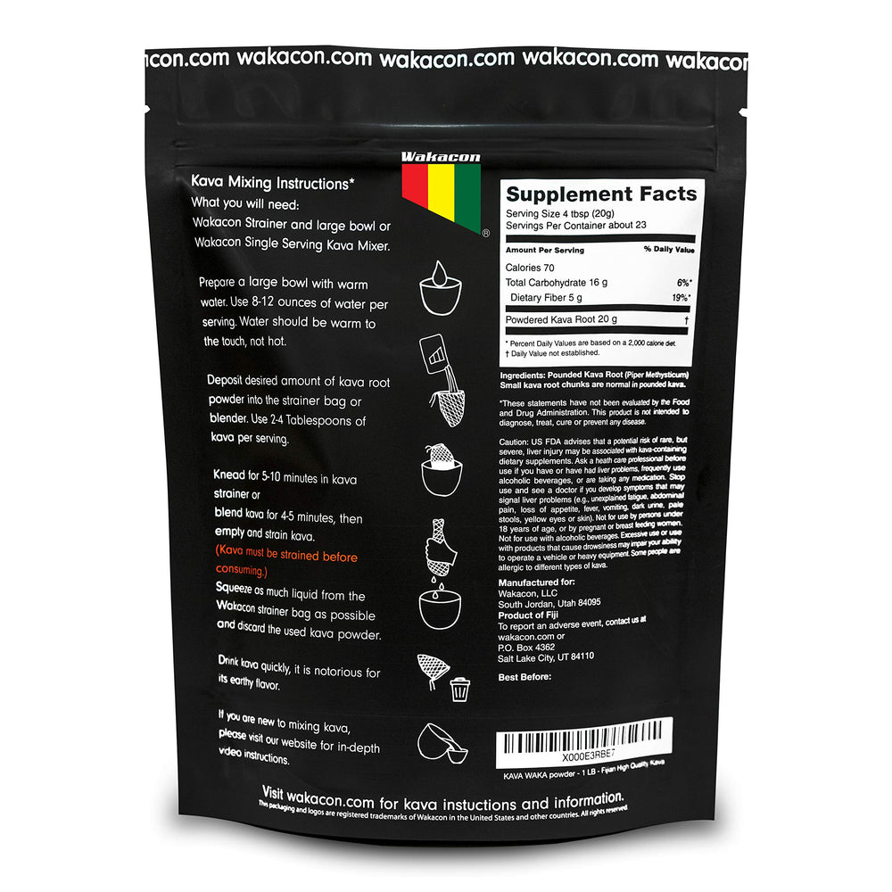 Wakacon Kava ground powder close-up emphasizing earthy aroma and processing