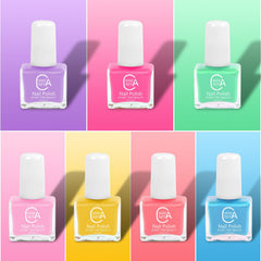 wakaniya nail polish colors close-up shows pink, purple, and yellow finishes
