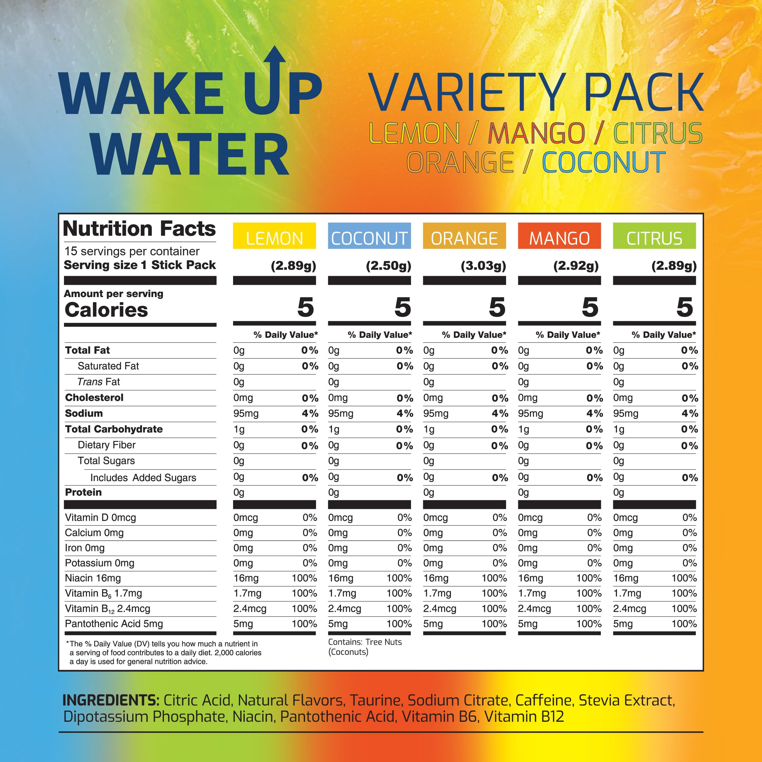 Wake Up Water mango packet: tropical flavor while staying energized and hydrated.
