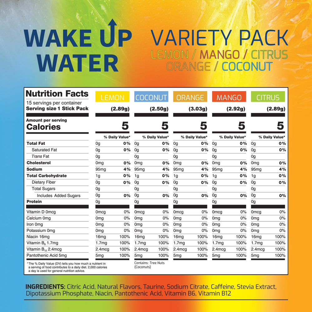 Wake Up Water mango packet: tropical flavor while staying energized and hydrated.