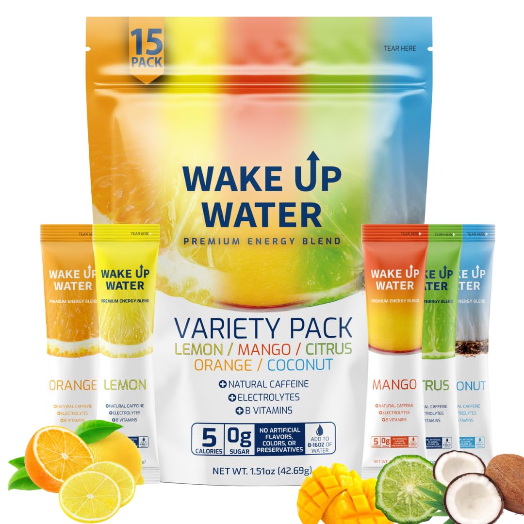 Wake Up Water orange packet: convenient hydration boost for busy days.