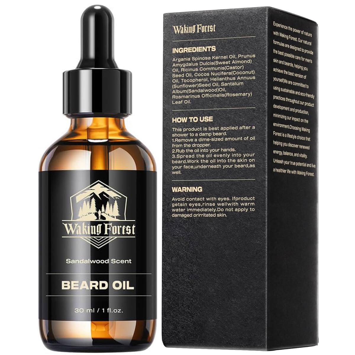 Waking Forest packaging box showcases sustainable beard care product.