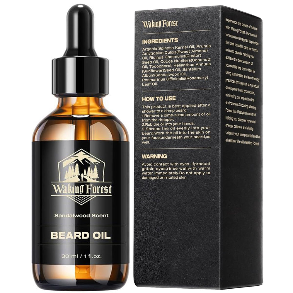 Waking Forest packaging box showcases sustainable beard care product.
