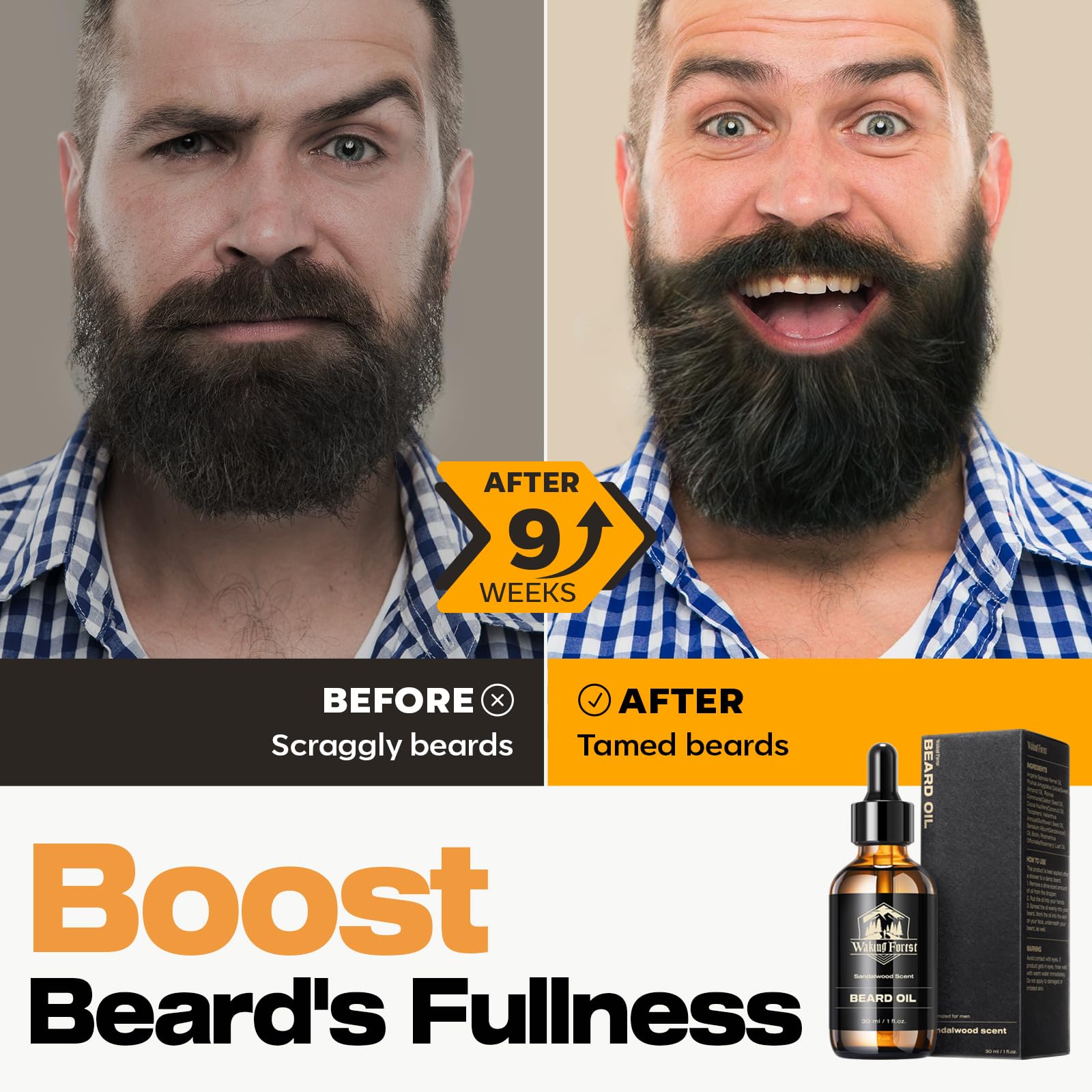 Waking Forest sandalwood beard oil bottle with dropper for easy application.