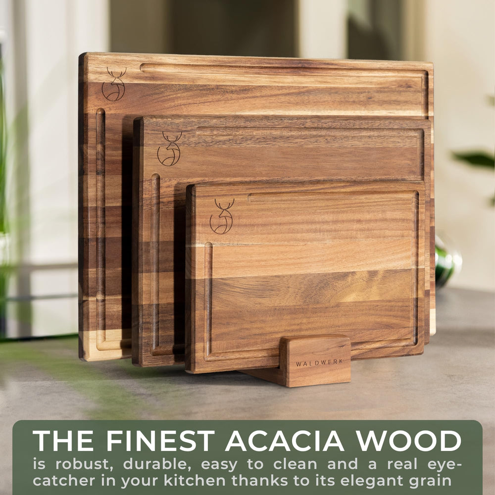 WALDWERK cutting board stand with anti-slip knobs keeps boards stable during use.