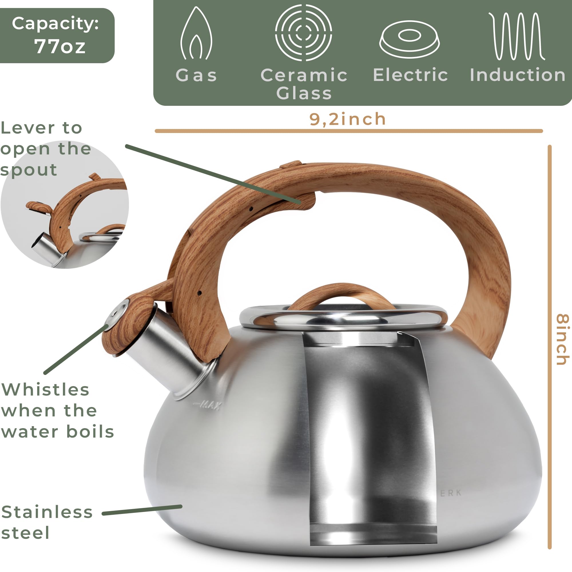 WALDWERK Tea Kettle on a gas stove showing versatile heat source compatibility