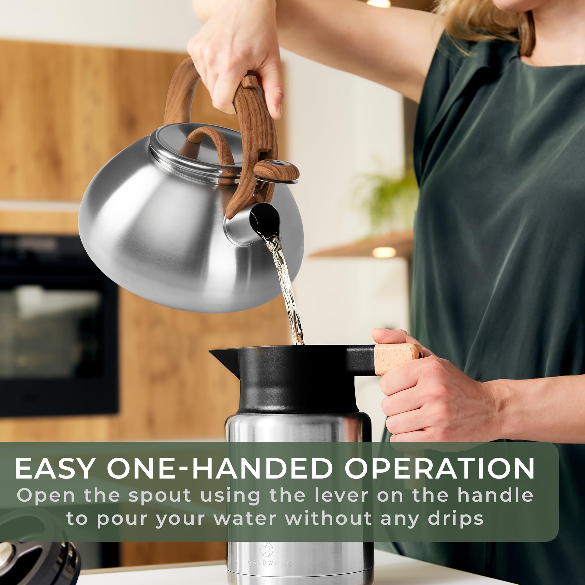 WALDWERK Tea Kettle safety lever in the handle for secure pouring