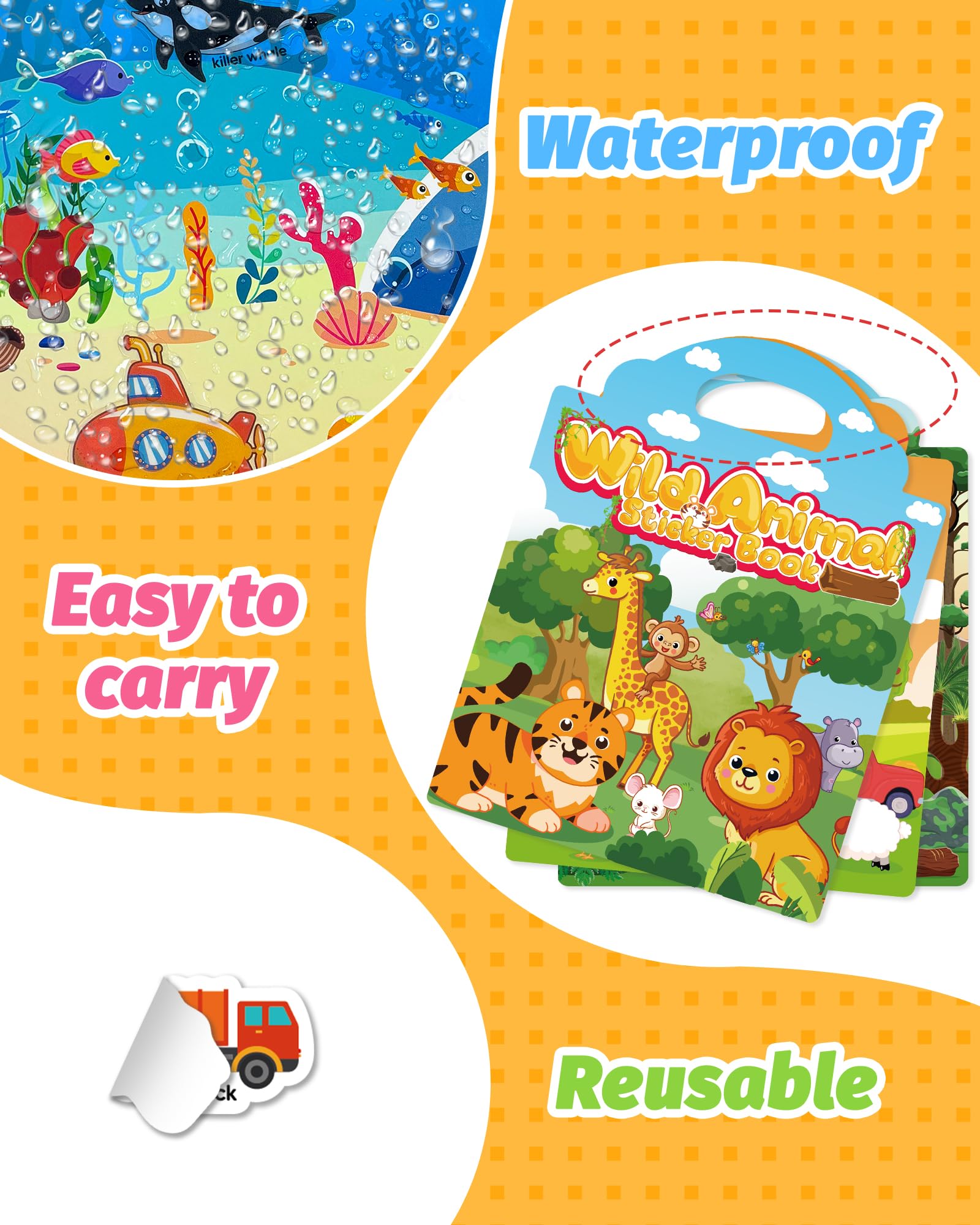 Walenced sticker book waterproof material endures messy play days.