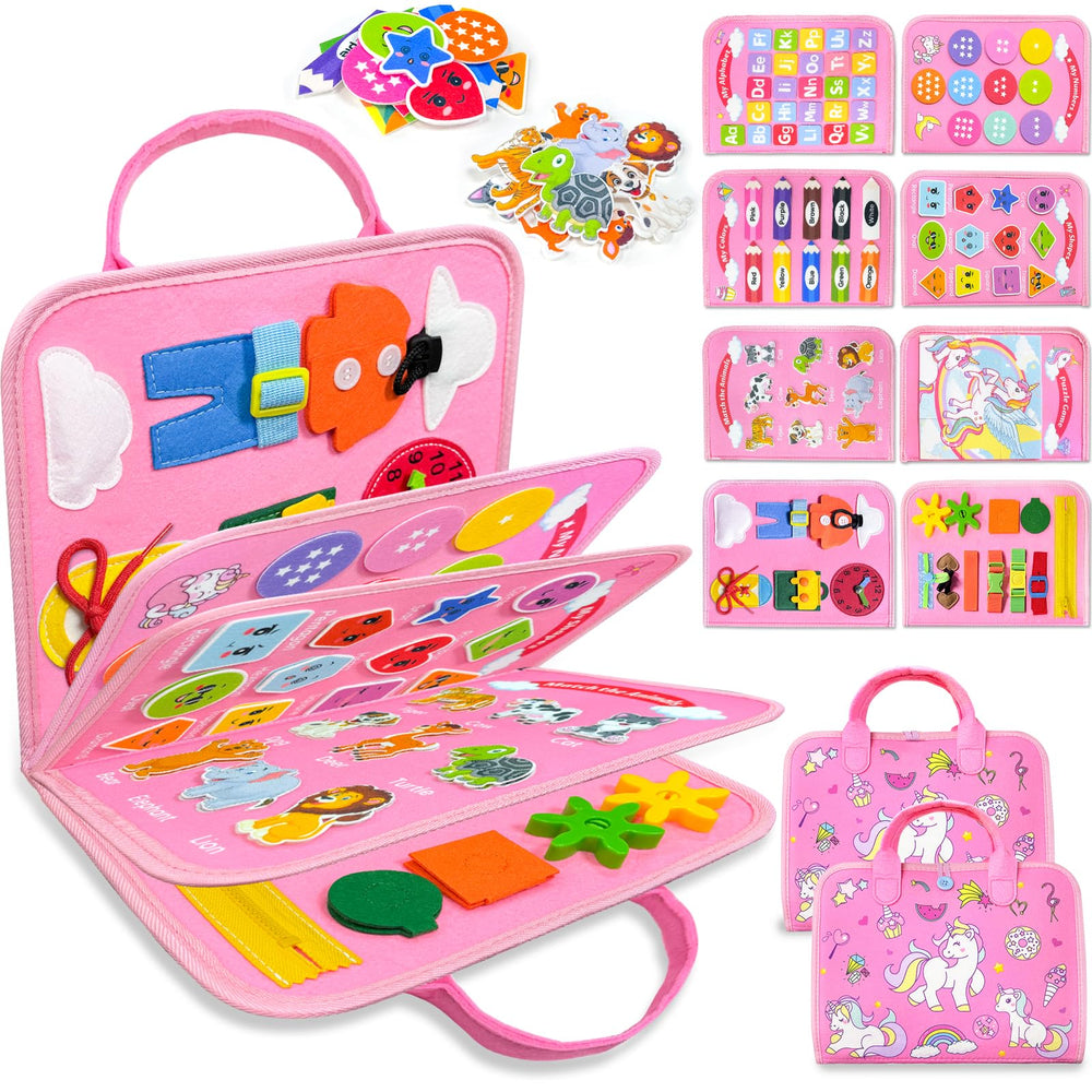 Walenty Busy Board pink unicorn front view supports imaginative play and fine motor skills.