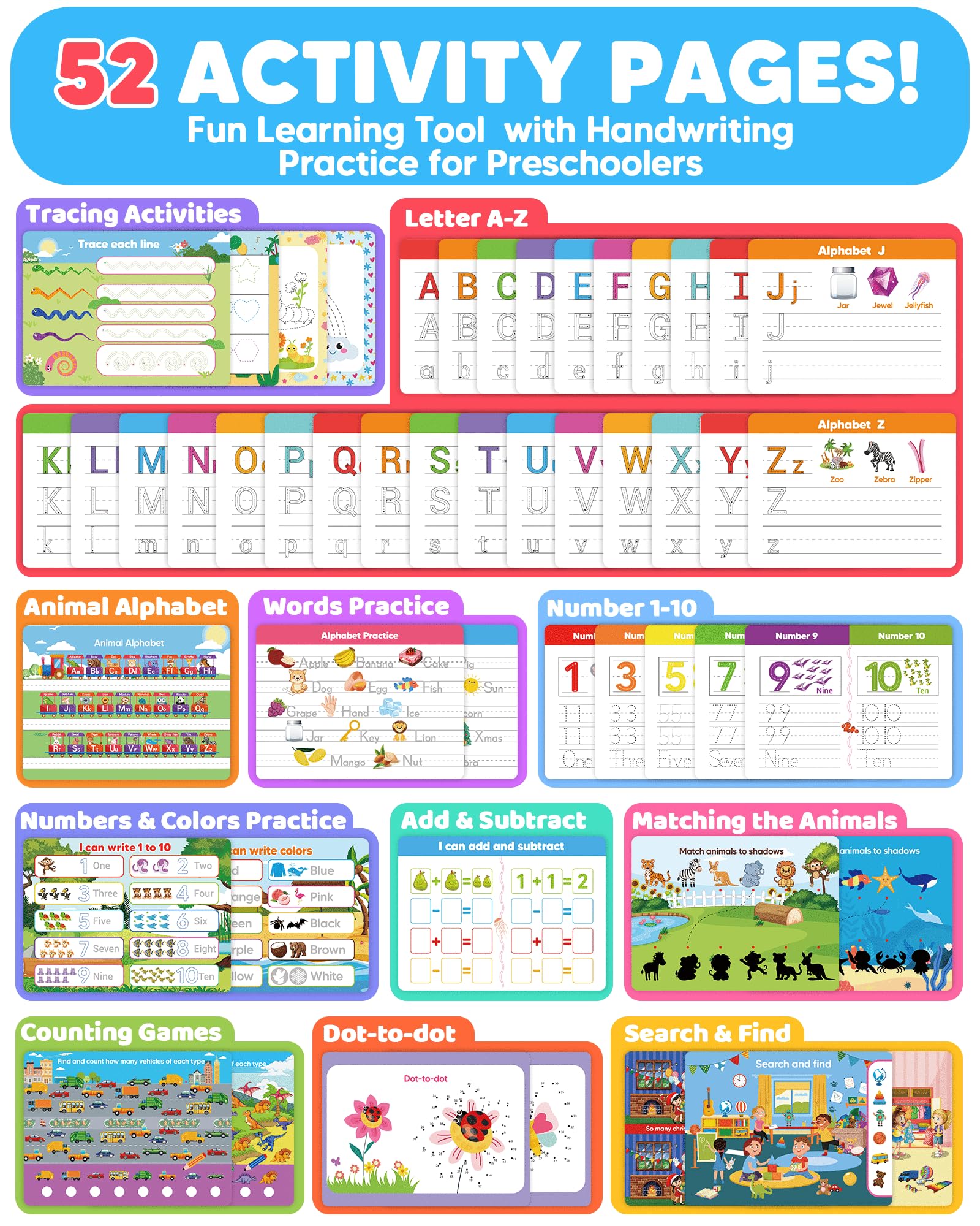 Walenty Busy Book interior pages with tracing, coloring, and early writing practice.
