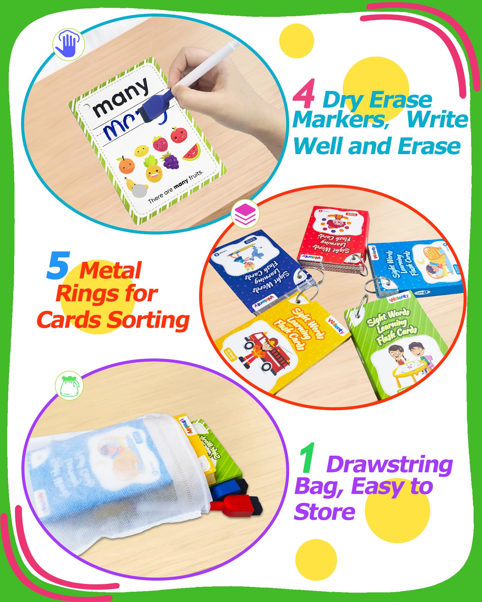 Walenty sight words flash cards come with a drawstring bag for easy transport.