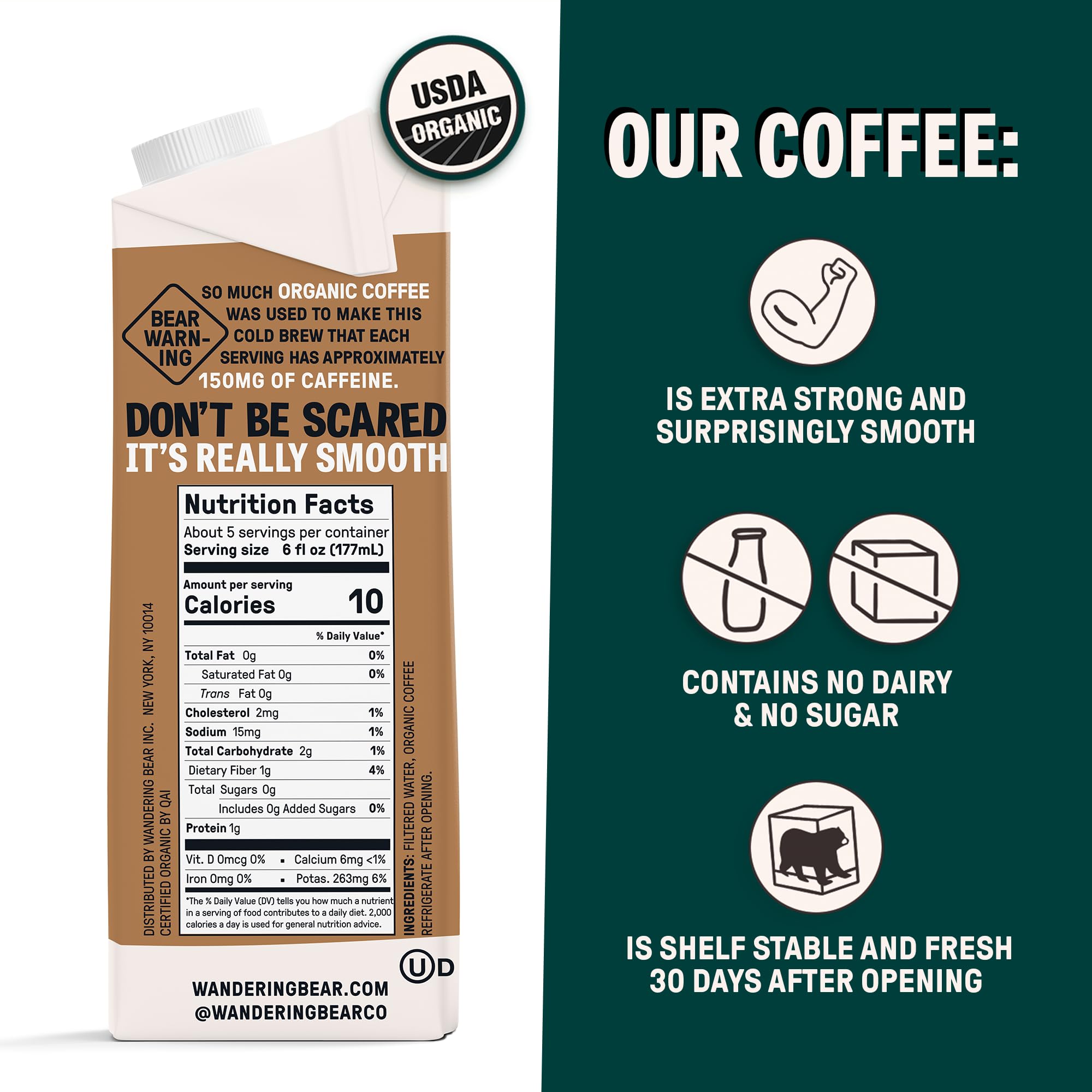 Wandering Bear Organic Arabica coffee beans highlight trusted organic sourcing and clean ingredients.