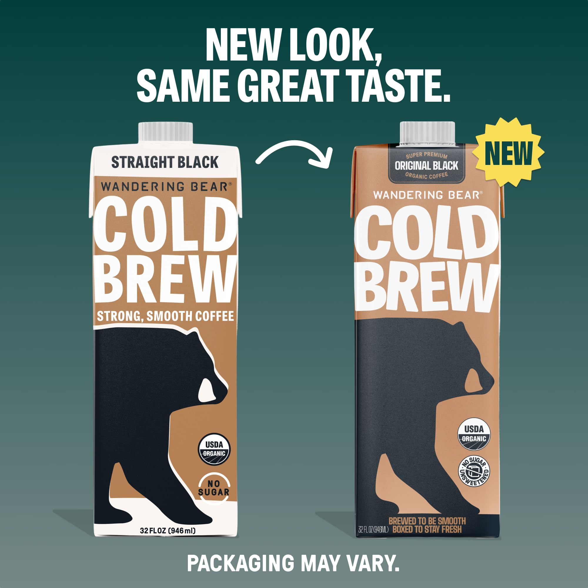 Wandering Bear Straight Black carton highlights shelf-stable convenience for pantry storage
