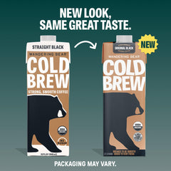 Wandering Bear Straight Black carton highlights shelf-stable convenience for pantry storage